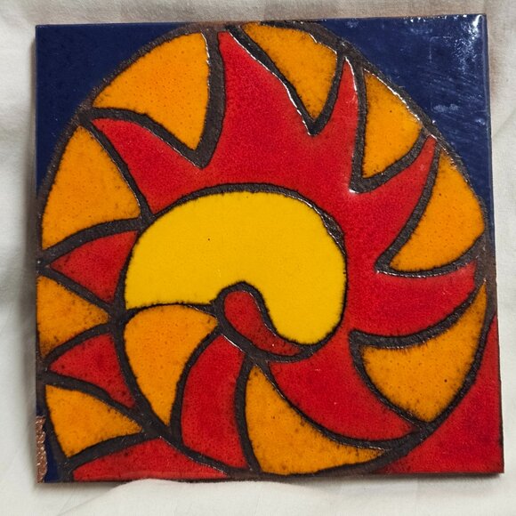 Abstract SUN - Hand Made & Painted Terra Cotta TILE Drink Coaster READ - Picture 1 of 8